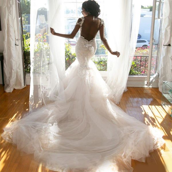 

black girls mermaid wedding dresses 2020 naama & anat lace appliques paerls backless bridal gowns beach africa plus size robe de mariée, White