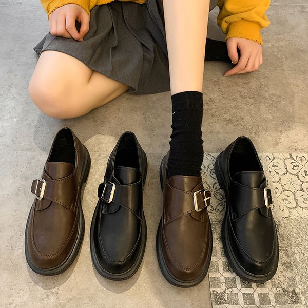

autumn spring new casual shoes woman solid leather shoes metal belt buckle square slip on oxford british women's, Black