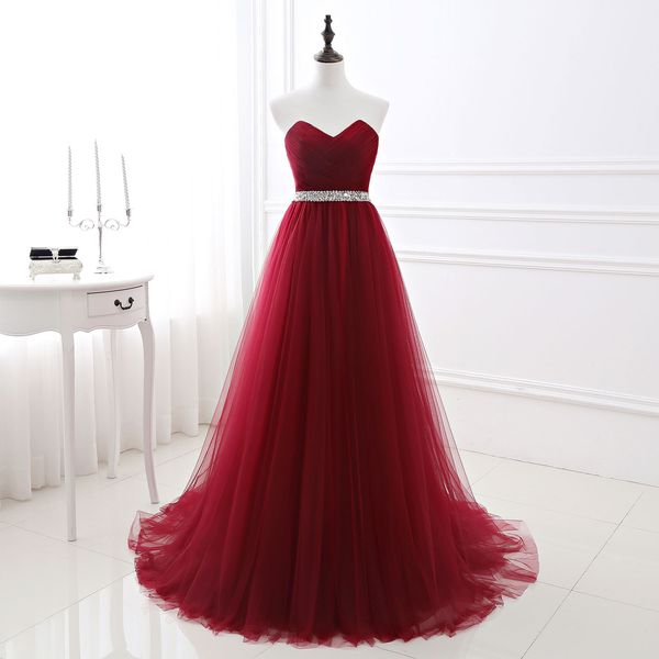 Women Evening Dress Formal Tulle Dresses Wine Red Sweetheart Neckline Sequin Beaded Prom Graduation Party Dress