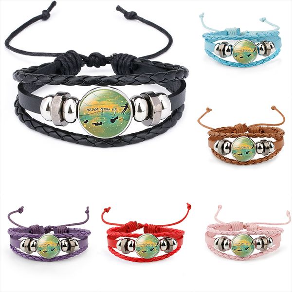 Nunca Crescer Kid Pulseiras 6 cores Trançado cadeias de corda de couro Crianças sonho de Vidro Cabochão Charme Bangle Fashion Boy Girl Jóias Presente