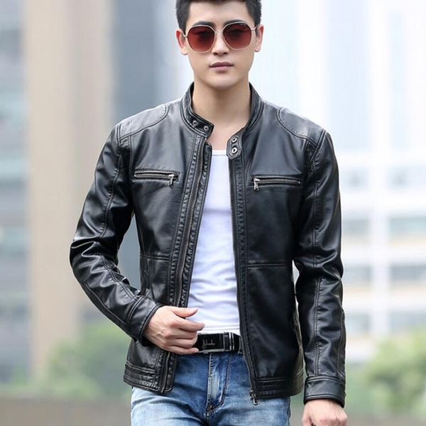 

leather jacket men casual motorcycle leather jacket mens fashion veste en cuir male pu jackets design clothes stand collar coat, Black