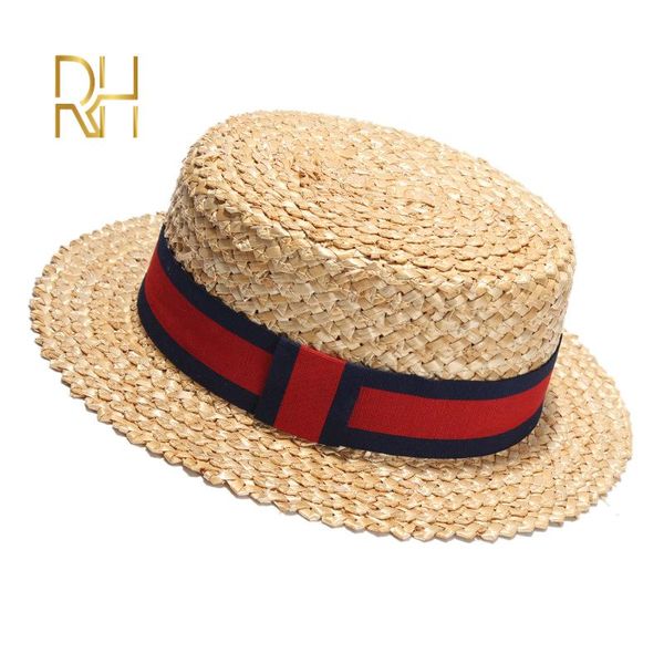 

summer female natural stiff wheat straw boater fedora flat hat women beach flat brim cap with red navy stripe ribbon rh, Blue;gray