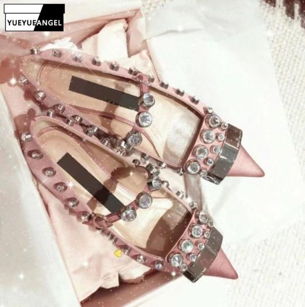 

fashion women pointed toe rivets studded flats shoes silk crystal party shoes office ladies zapatos de mujer strap flat, Black