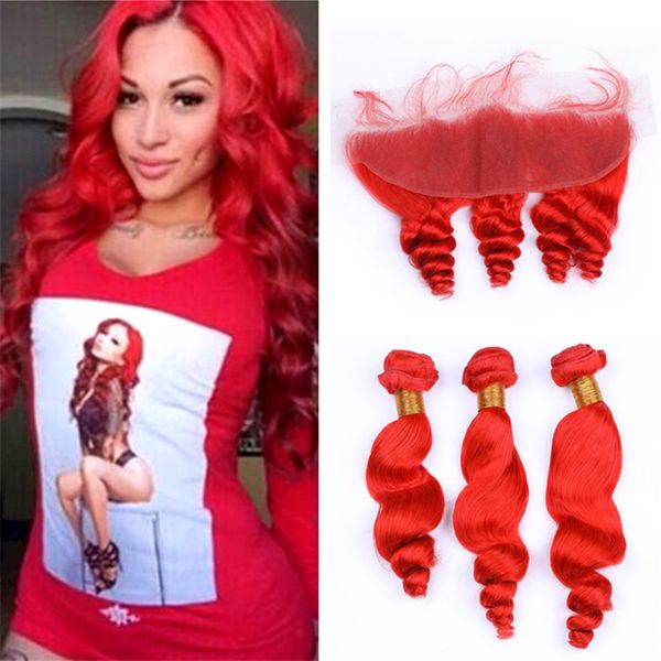 

Indian red wavy human hair weave bundle with frontal lace clo ure loo e wave bright red virgn indian hair weave with lace frontal
