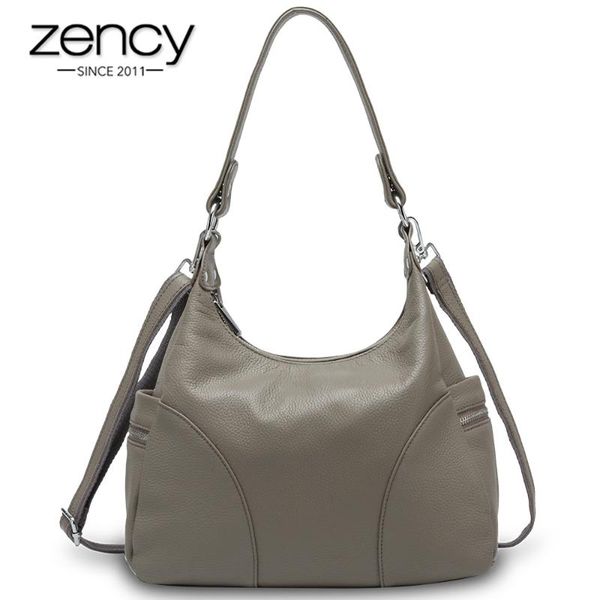 

zency 100% genuine leather fashion women shoulder bags hobos elegant lady tote handbag black grey crossbody bags