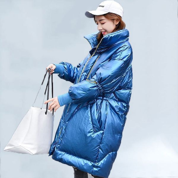 

winter long down jacket female 2019 fashion bright thick white down coat high neck jackets women outerwear warm coat 469, Black
