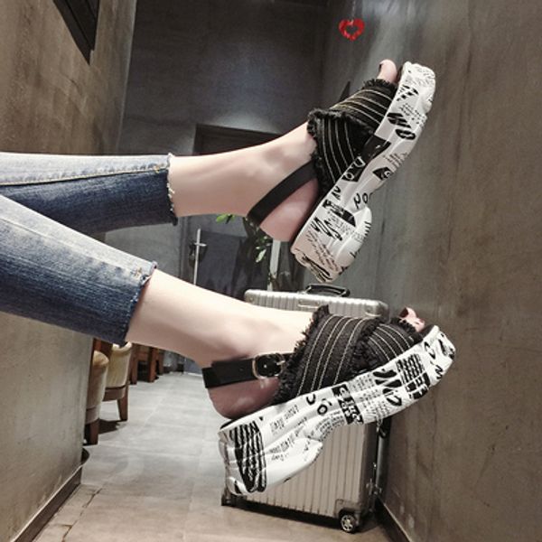 

summer 2019 new students wild slope with fairy wind platform shoes sandals, Black