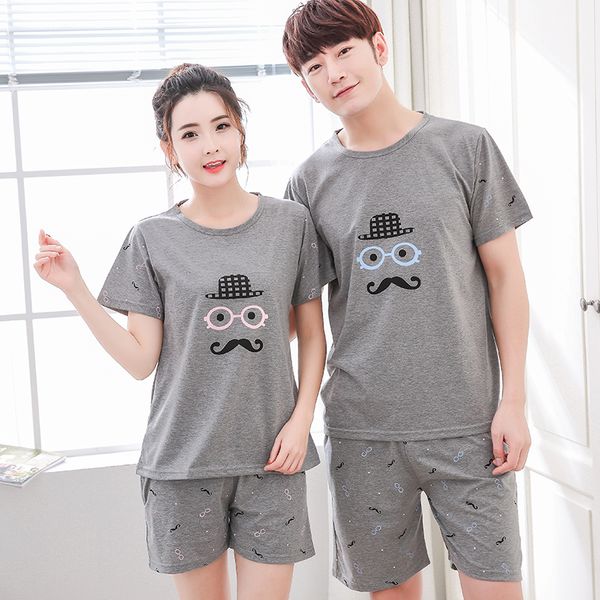 

knited cotton pajama sets summer print pijama couple short sleeve men's sleepwear o neck female pyjamas, Black;brown