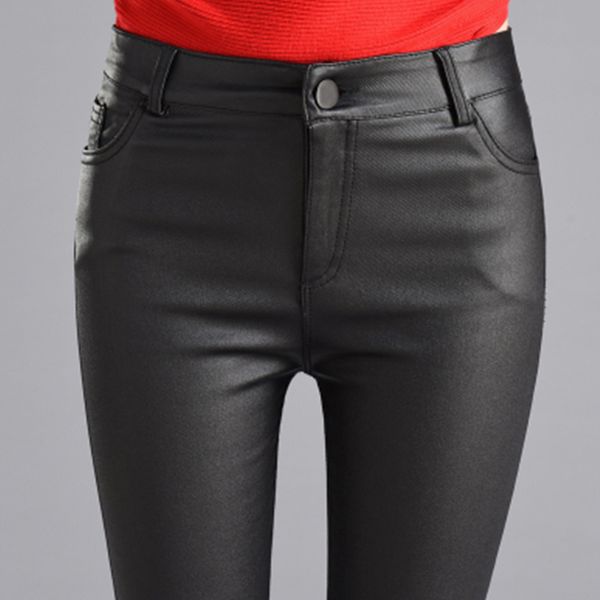 

leather leggings women pants thin women down velvet pu pants 2019 winter elastic stretch tight faux leather pencil pants trouser, Black;white