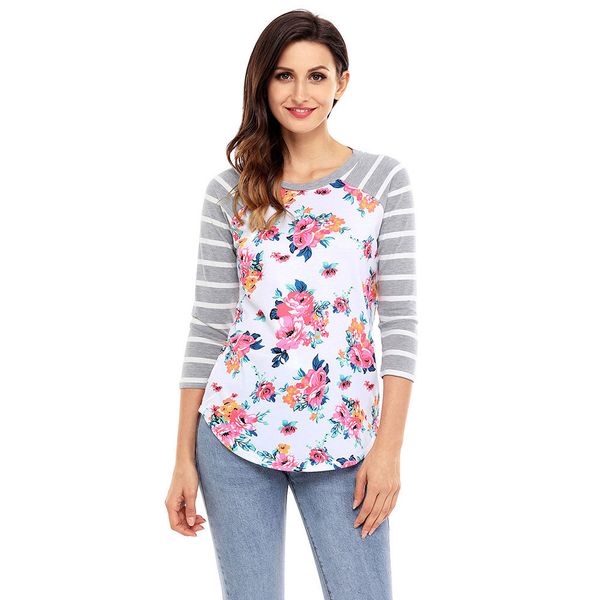 

2018 floral print long sleeve women's t shirt brand new fashion casual o-neck loose striped t-shirts plus size, White