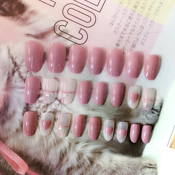 

2019 24pcs ladies diy fake nail heart pattern red white striped diy manicure false nails decals jiu55, Red;gold