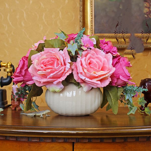 

european ceramic vase+simulation flower set ornaments home livingroom table silk fake flower figurines crafts office decoration