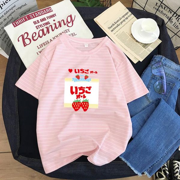 

новая сладкая клубнично-розовая футболка в полоску с короткими рукавами, White