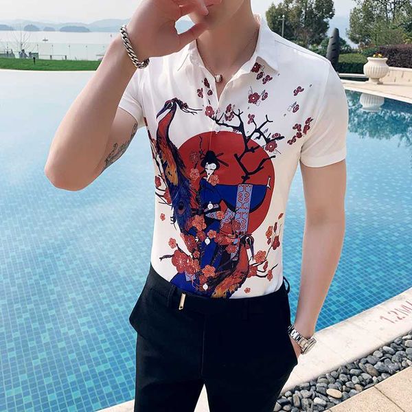

2019 summer hawaiian shirt men casual streetwear short sleeve turn down collar slim fit shirts men casual print blouse homme, White;black