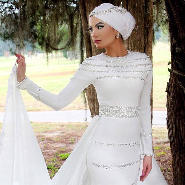 

long sleeve muslim chiffon wedding dresses with detachable train dubai wedding gown beaded country bridal dress, White