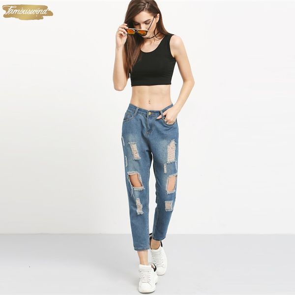 

ripped blue jeans distressed boyfriend ankle denim women casual summer autumn straight plain leg pants spring trousers
