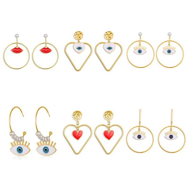 

6 pairs mystic baroque evil eye heart pearls lucky pendant drop earrings women evil eye earrings, Silver