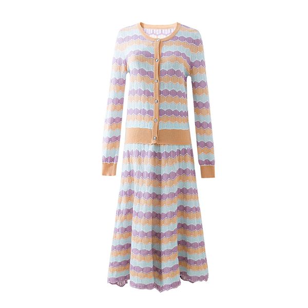 

2019 new autumn womens designer clothing korean version single breasted color striped knitting long sleeve suits skirt 2-piece set, White