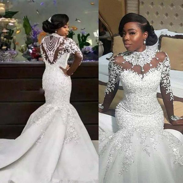 

south african plus size mermaid wedding dresses 2020 long sleeve high neck beaded lace bridal wedding gowns vestido de novia bc0781, White