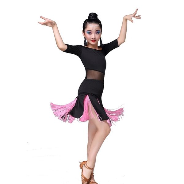 

latin dance competition ballroom tango skirts and dresses girls children costume for kids salsa sequin dress fringe kid child, Black;red