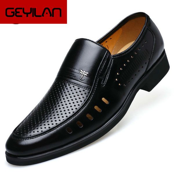 

gentleman summer sandals breathable shoes sandals for middle-aged mens shoes cut-outs slip on mens leather 2019, Black