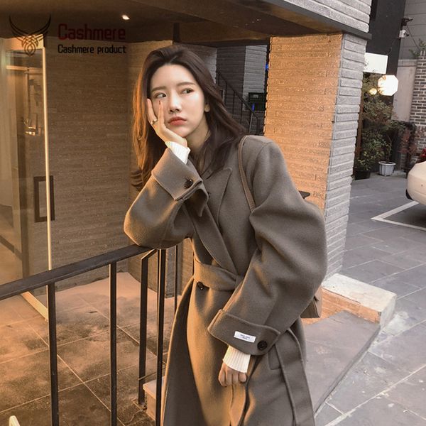 

women's coat 100% wool double-sided wool coat women autumn winter long lapel loose woolen korean casual jacket women, Black