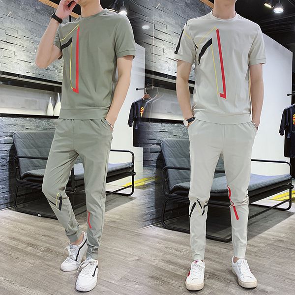 

men's tracksuits selling product in 2021 summer casual sports suit youth printed short-sleeved t-shirt trousers trend, Gray