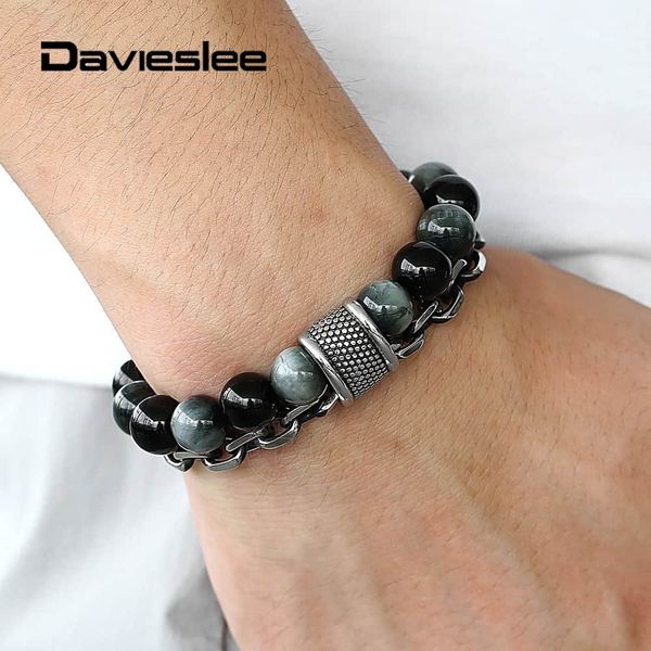 

eagle eye stone black onyx beads bracelet for men double layers natural grade a stainless steel bracelet rolo chain ltbx00904
