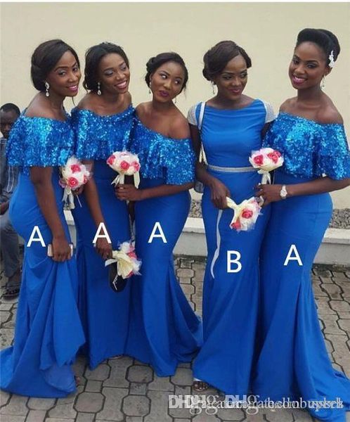 

2019 custom royal blue slim mermaid bridesmaid dresses bateau bling sequins long formal maid of honor wedding guest dresses party wear cheap, White;pink