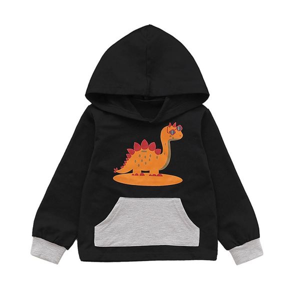 

2019 autum new design kids baby girl boy cartoon dinosaur print hoodie sweatshirts with pocket casual long sleeve outerwear, Black