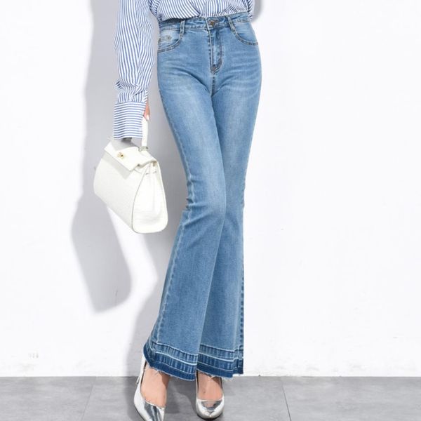 

2019 spring autumn high waist elastic jeans skinny retro wide leg flare jeans women plus size, Blue