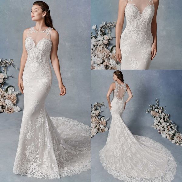 

sell mermaid kenneth winston wedding dresses jewel neck sleeveless tulle lace applique wedding gown sweep train robe de mariÃ©e, White