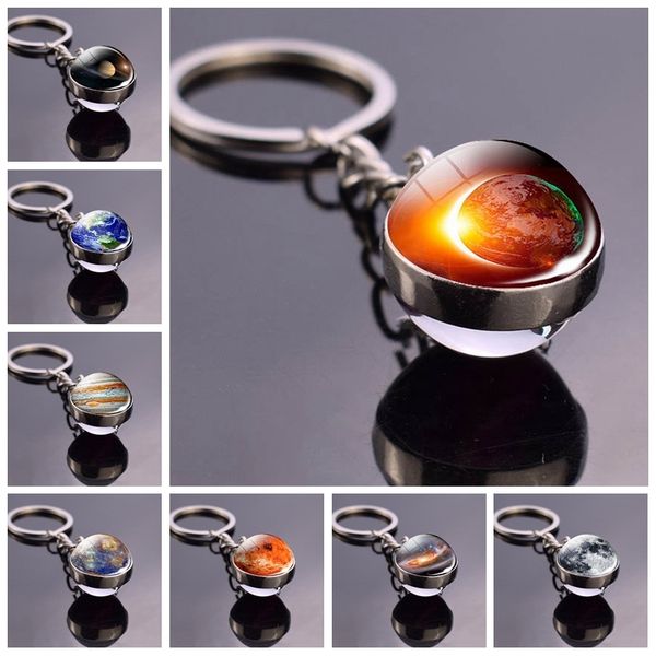 

galaxy keychain moon nebula key rings solar system planet earth sun mars double sided glass ball keychain gift for friends, Silver