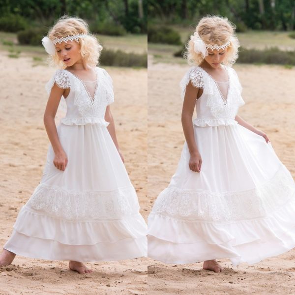 Branco Bohemia Flower Girls Vestidos Sheer V Neck Praia Little Girl Pageant Vestidos Tornozelo Comprimento Em Camadas de Verão Formal Wear