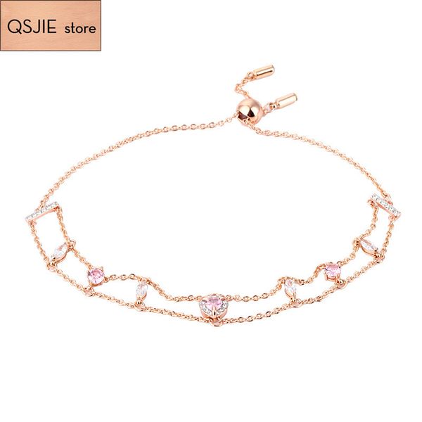 

swa, austrian romantic pink crystal love double layer double row women's bracelet, Golden;silver
