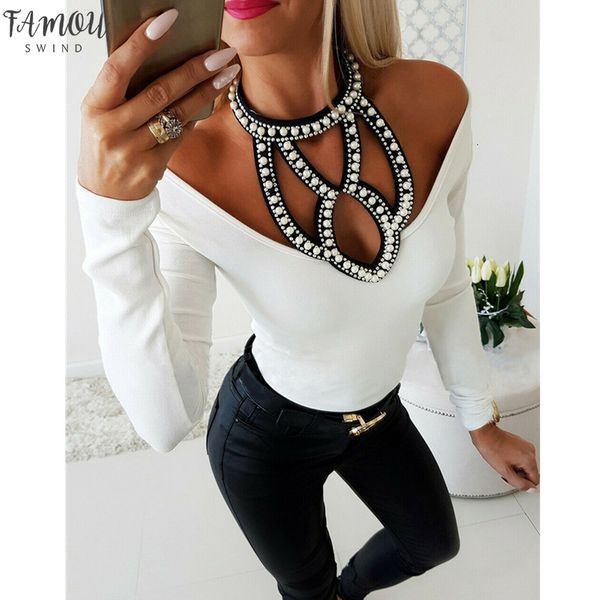 

women studded beaded t shirt hollow out solid v neck tees female ladies long sleeve t shirts casual clothes femme, White