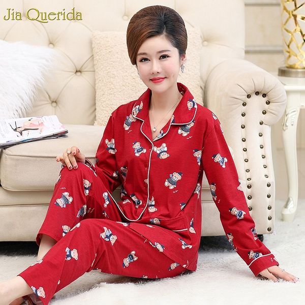 

women pyjama set cotton homewear women red cute bear printing pajamas christmas red ladies pajamas long sleeves sleepwear suits, Black;red