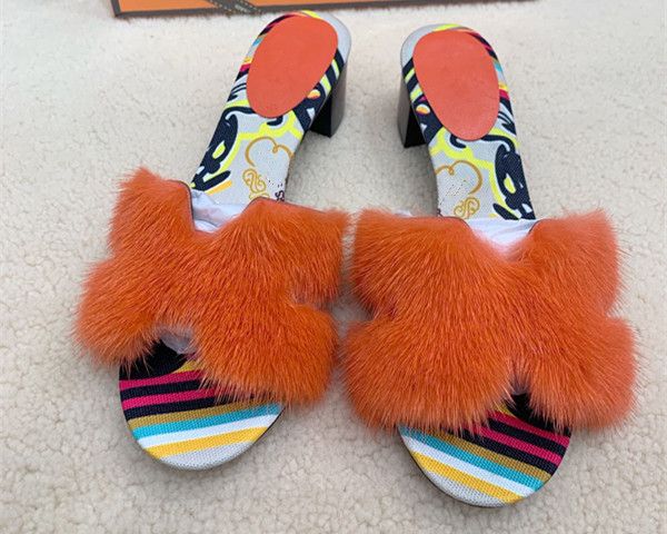 

100% real hair slippers women shoes luxury real fur square heel lady warm mujer indoor slides, Black