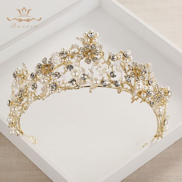 

bavoen retro european baroque faux pearls brides tiaras crowns gold flowers headpieces crystal wedding dresses hair accessories, Golden;white