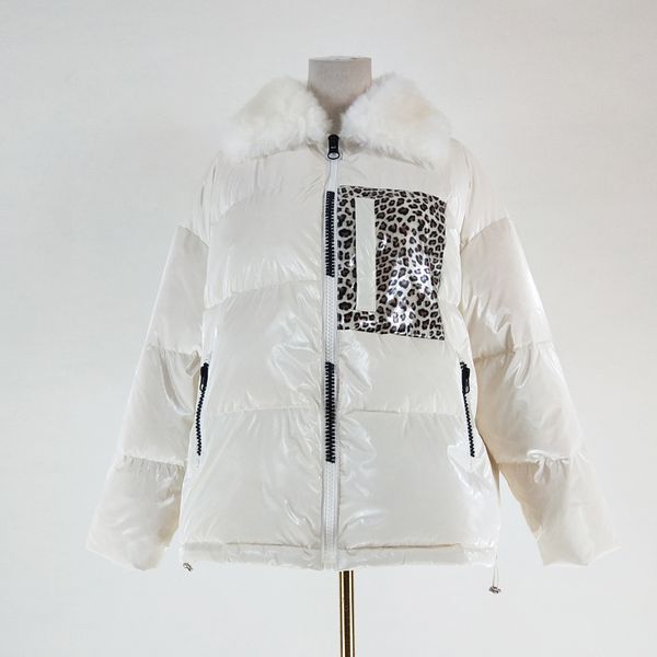 

doudoune femme hiver down winter jacket women leopard pattern short parka korean natural real sheep fur collar outerwear warm, Black