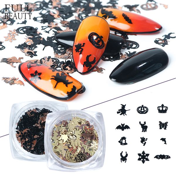 

full beauty mix black gold metal decorations nail art flakes pumpkin witch spider bat 3d slice halloween diy supplies ch1034, Silver;gold