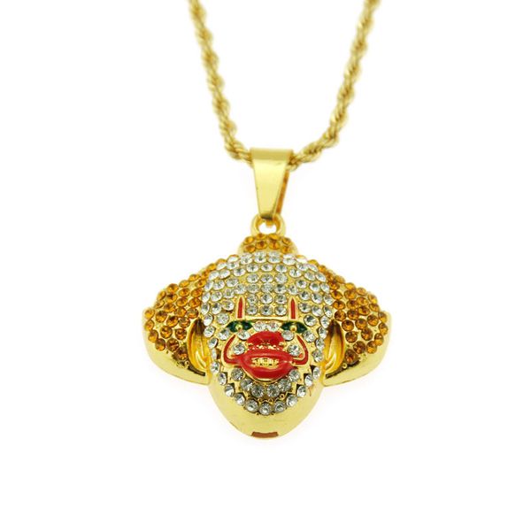 

new funny cartoon clown face bling pendants necklaces men's full zircon hip hop jewelry ing, Silver