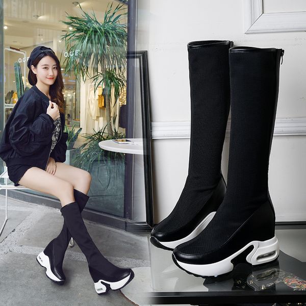 

leisure microfiber high women over-the-knee boots wedges zip solid long thigh boots round toe platform elastic winter shoes, Black