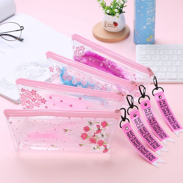 

1pc transparent feather pen case creative zipper pencil case cute colored pencil bag for kids gift school supplies