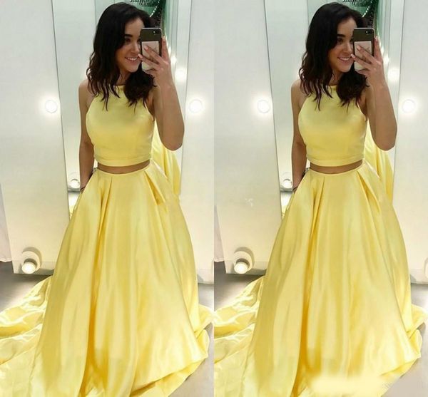 

2020 two piece prom dresses beautyful a line the yellow satin long evening party formal gowns, Black