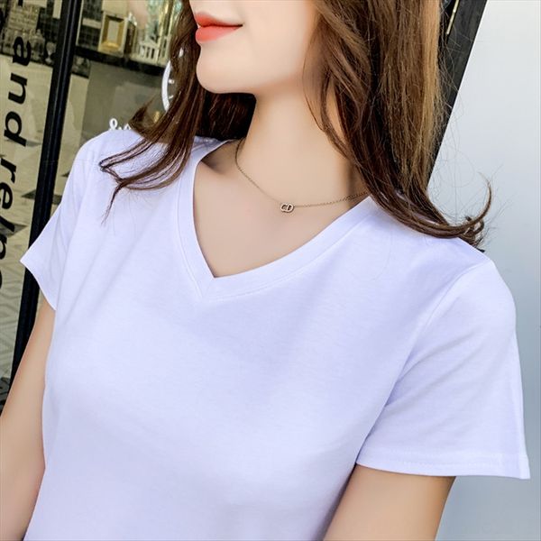 

95 cotton t-shirt v-neck solid color short sleeve t-shirt women's large size women's 1688, White