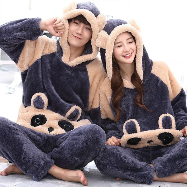 

women pajamas set soft warm hooded pajama party sets casual men home clothes winter lovers thick animal sleepwear suits, Blue;gray