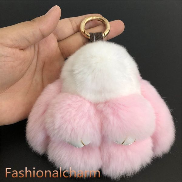 Weiß/Pink-10 cm echtes echtes Rex-Kaninchen-Fell, Hasenpuppe, Spielzeug, Geschenk für Kinder, Taschenanhänger, Schlüsselanhänger, Zubehör, Handy-Geldbörse, Handtasche