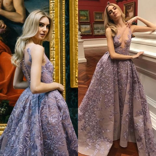 

lavender prom gown with detachable train illusion sheer neck long neck sleeveless embroidered applique formal party gowns vestido de festa, Black