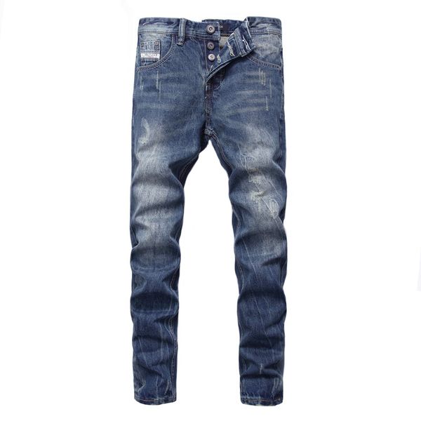 

fashion designer men jeans orange stripe vintage straight fit cotton denim pants hombre streetwear classical buttons jeans men, Blue